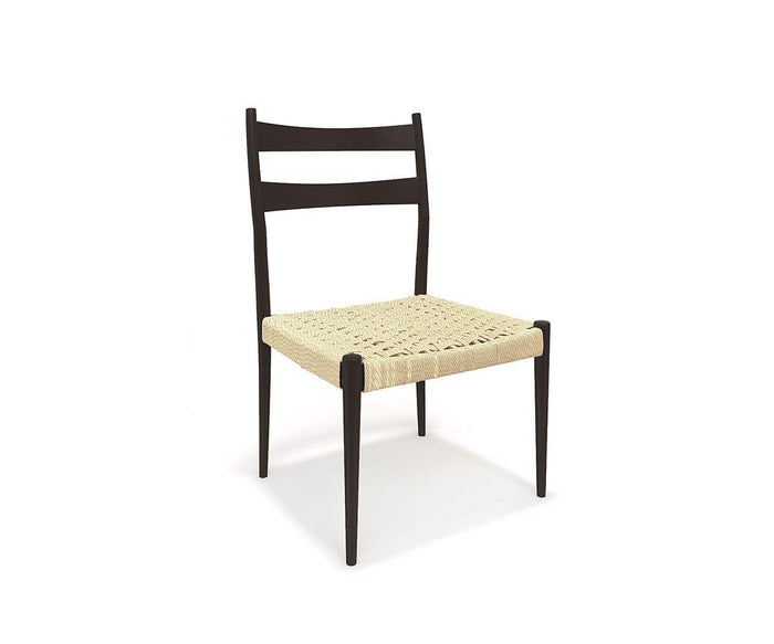 The Jake Dining Chair is a modern rustic dining chair with a dark wooden frame, two horizontal back slats in a classic ladder-back design, and a woven rope seat, shown on a plain white background.