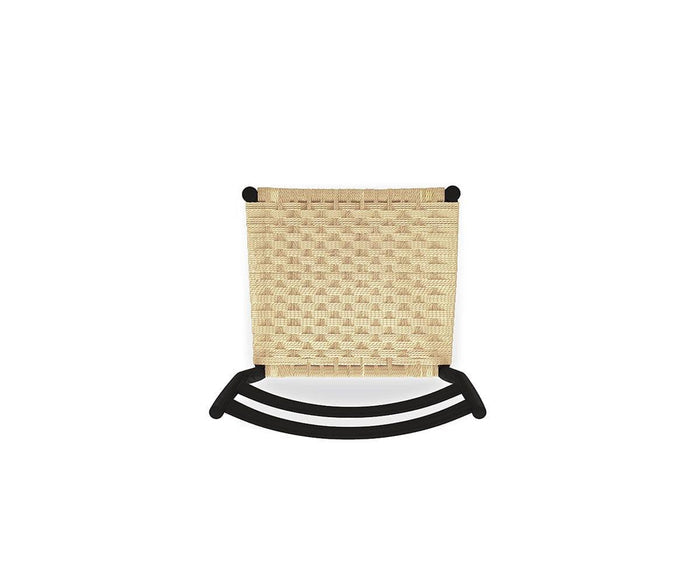 The Jake Dining Chair, viewed from the front against a white background, showcases a small modern rustic design with a woven beige rope seat and a curved black base.