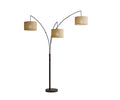 Jan 3-Light Arch Floor Lamp in dark bronze features three gracefully curved arms, each supporting a beige cylindrical lampshade crafted from textured fabric. The evenly spaced lampshades provide soft illumination, while the round, sturdy base ensures stability.