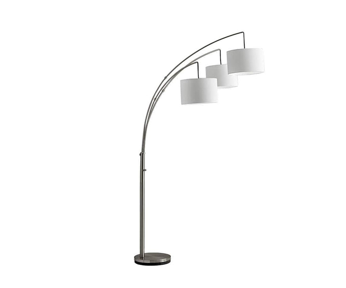 Introducing the Jan 3-Light Arch Floor Lamp, featuring three white, drum-shaped textured fabric shades, each mounted on individual curved metal arms extending from a single tall, sturdy base. This contemporary and elegant lamp provides soft illumination, making it a perfect addition to any modern living space.