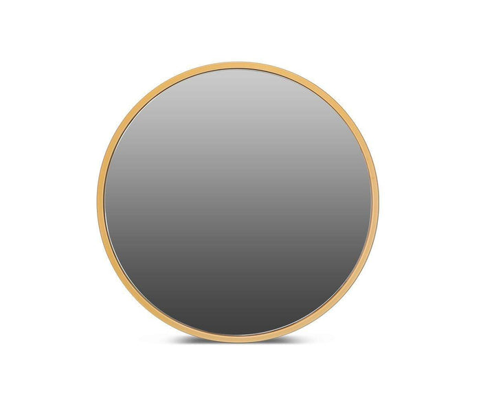 Centered on a white background, the Janelle 36″ Round Mirror features a slender frame in Janelle Brass, casting a subtle shadow beneath it. This modern wall mirror adds an elegant, refined touch to any space.
