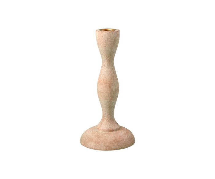 The Jolene Candlestick is a handcrafted candlestick holder made from sustainably sourced mango wood, featuring a smooth, curvy shape and a round base, photographed against a plain white background.
