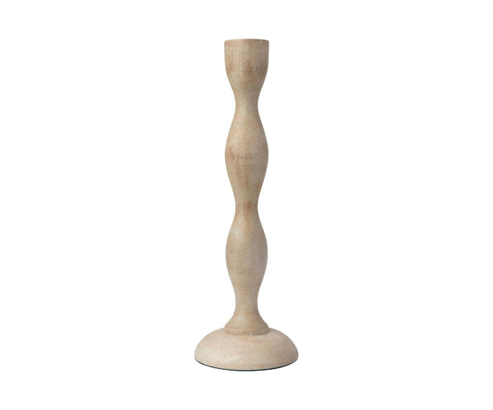 The Jolene Candlestick is a handcrafted candlestick holder made from sustainably sourced mango wood, featuring a sculpted, curvy design and a wide circular base. Its light-colored finish stands out against a plain white background, making it the perfect unique wood décor piece.