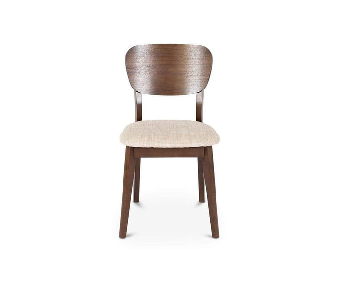 The Juneau Dining Chair, shown from the front against a white background, features a wooden frame with a walnut finish, a curved backrest, and a light beige, cream fabric seat.