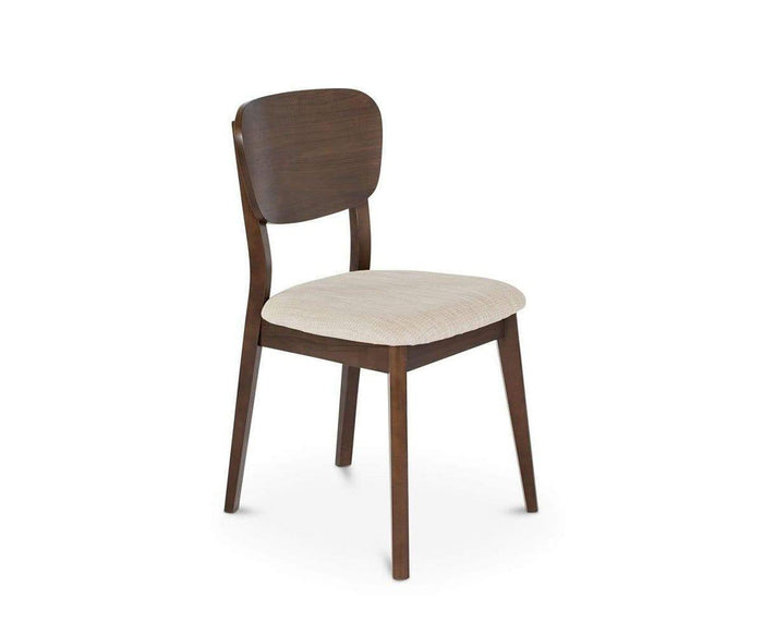 The Juneau Dining Chair features a curved wooden backrest and four legs, with a padded seat upholstered in cream fabric for an elegant touch. Its walnut veneer finish and simple yet modern design embody mid-century style.