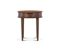 The Juneau End Table in walnut showcases a round, wooden mid-century design with three tapered legs and a small drawer, photographed against a plain white background.