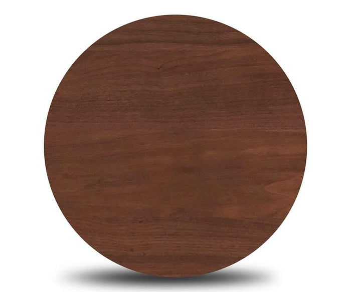 The Juneau End Table features a round, flat wooden surface with a dark brown finish, reminiscent of mid-century design, and is photographed against a plain white background with a subtle shadow underneath.