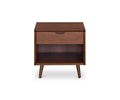 The Juneau Nightstand is a stylish mid-century piece crafted from wood, featuring angled legs, a single drawer with a cutout handle, and an open storage shelf below. Its smooth WALNUT finish brings sophisticated charm to your bedroom furniture.