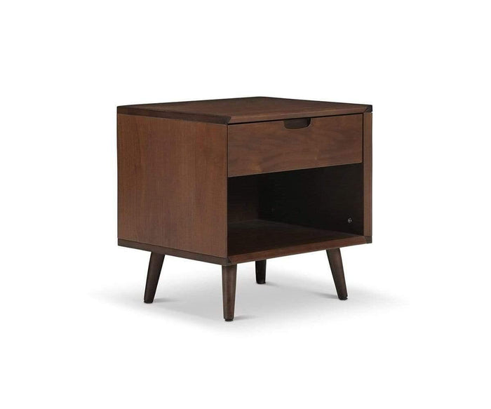 Introducing the Juneau Nightstand—a mid-century modern wooden nightstand featuring angled legs, a single drawer with a cut-out handle, and an open shelf below. This stylish addition to any bedroom furniture collection is set against a plain white background.