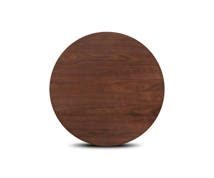 The Juneau Round Table features a smooth, dark brown round wooden tabletop centered on a white background, casting a subtle shadow below—an elegant example of Scandinavian design that would beautifully complement any dining space.