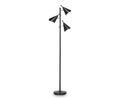 The Kabrino Floor Lamp is a sleek black lamp with three adjustable cone-shaped shades mounted at varying heights on a central pole, all supported by a stable round base.