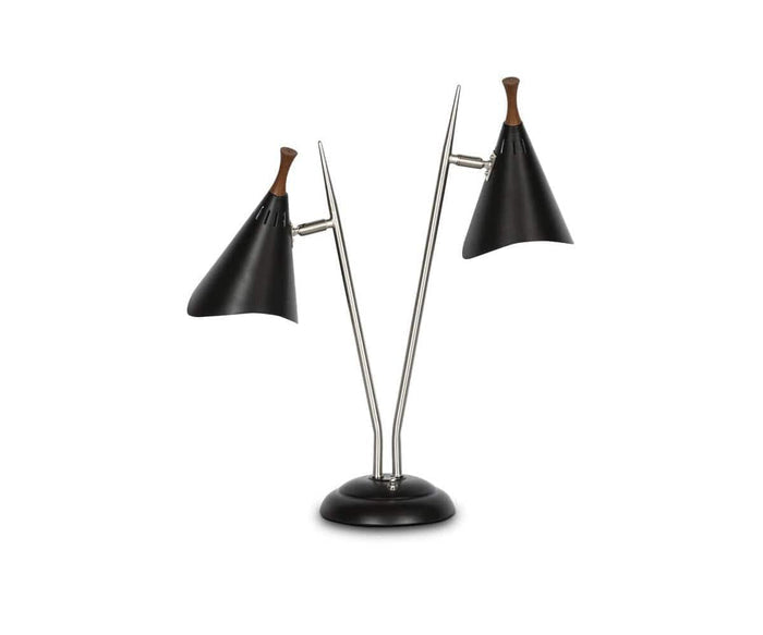 Introducing the Kabrino Table Lamp, a modern home office lamp featuring two black metal cone-shaped shades with wooden accents on top for a stylish touch. Its adjustable chrome arms and round black base complete the contemporary design.