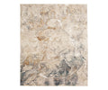 The Karastan Echo Tesoro Rug in Tesoro Cream features a marbled abstract design in shades of beige, cream, brown, and gray with hints of white, adding a modern and textured touch to contemporary spaces. This durable area rug effortlessly blends style with resilience for lasting appeal.