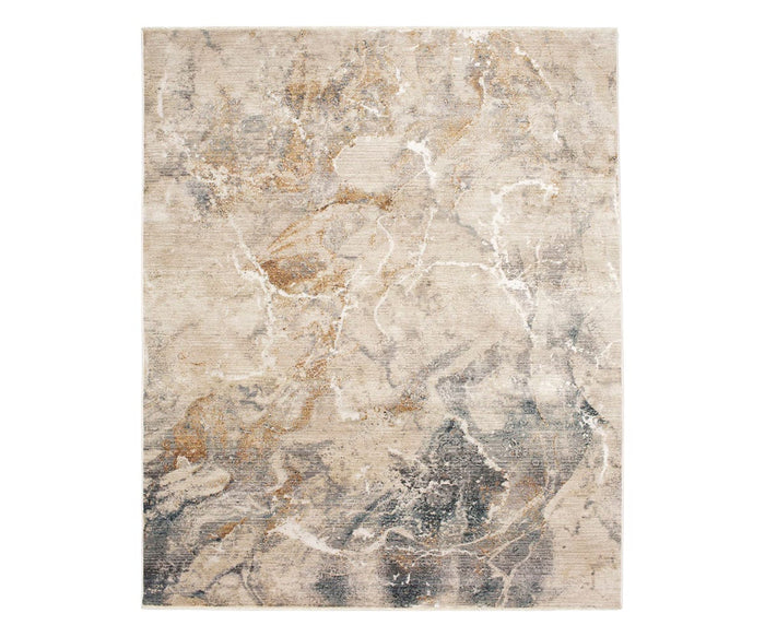 The Karastan Echo Tesoro Rug in Tesoro Cream features a marbled abstract design in shades of beige, cream, brown, and gray with hints of white, adding a modern and textured touch to contemporary spaces. This durable area rug effortlessly blends style with resilience for lasting appeal.