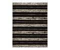 Introducing the Karastan Traverse Lanes Rug - Charcoal, a rectangular modern rug featuring alternating black and white horizontal stripes. The textured, uneven pattern of the stripes creates a contemporary, abstract aesthetic against a plain white background. Crafted from durable polyester in black, this rug is ideal for high-traffic areas.