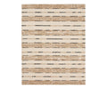 A rectangular, durable polyester rug, the Karastan Traverse Lanes Rug in Traverse Lanes Tan features horizontal stripes in shades of beige, brown, and black with varied textures and patterns on a neutral background.