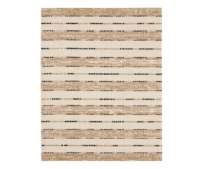 A rectangular, durable polyester rug, the Karastan Traverse Lanes Rug in Traverse Lanes Tan features horizontal stripes in shades of beige, brown, and black with varied textures and patterns on a neutral background.
