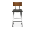 The Karsten Bar Stool showcases a modern industrial design with a wooden backrest, a plush saddle brown cushioned seat, and slender black metal legs, displayed against a white background.