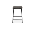 The Karsten Counter Stool showcases a modern rustic industrial design with a rectangular grey cushioned seat and sleek black metal legs, displayed from the front against a white background.
