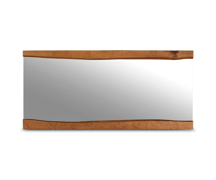 Introducing the Karsten Mirror—a stunning rectangular wall mirror featuring a clear reflective surface. Its top and bottom are framed with solid American poplar wood planks that have an organic, natural edge, highlighted by a warm, medium brown finish. For a contemporary flair, the mirror’s sides remain frameless, blending rustic charm with modern design.