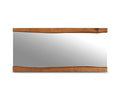 Introducing the Karsten Mirror—a stunning rectangular wall mirror featuring a clear reflective surface. Its top and bottom are framed with solid American poplar wood planks that have an organic, natural edge, highlighted by a warm, medium brown finish. For a contemporary flair, the mirror’s sides remain frameless, blending rustic charm with modern design.