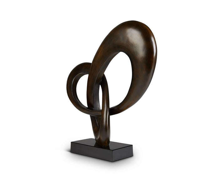 The Kinetic Current Sculpture is an abstract piece crafted from bronze and dark brown resin, featuring intertwined, looping oval shapes atop a black rectangular base. Set against a plain white background, this modern sculpture evokes dynamic movement in its design.
