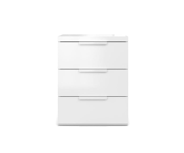 The Knox Nightstand is a modern, white high-gloss piece featuring three drawers with sleek horizontal handles, shown from the front against a plain white background.