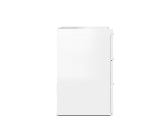 The Knox Nightstand is a white, rectangular piece with three drawers and a high-gloss finish, shown against a plain white background. Its design is simple and modern, featuring clean lines without any visible handles.
