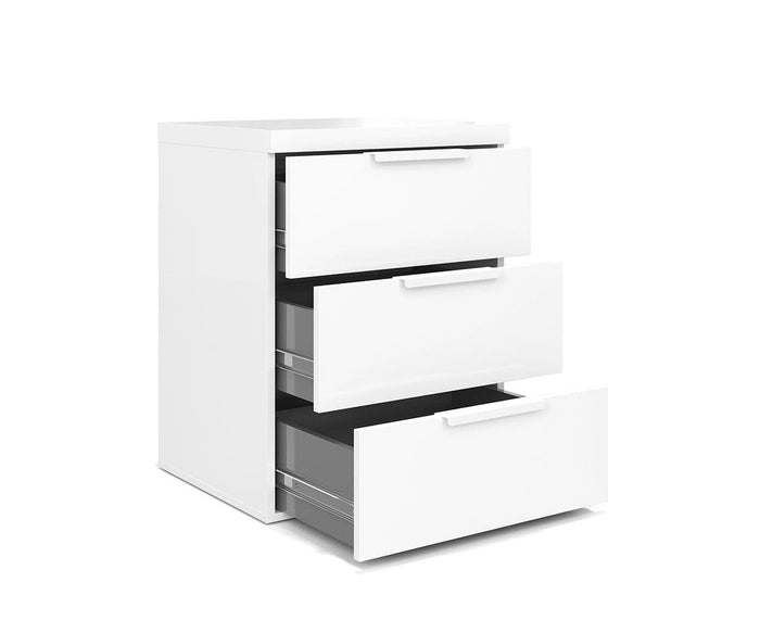 Introducing the Knox Nightstand: a modern white cabinet with three drawers, each finished in a sleek high-gloss. Pictured with all drawers partially open against a plain white background.