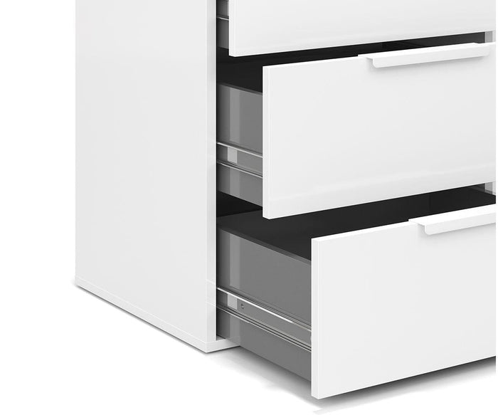 The Knox Nightstand is a modern white cabinet featuring three drawers, two of which are pulled open to reveal their empty, dark interiors. Its high-gloss finish and contemporary design make it an ideal choice for a stylish nightstand.