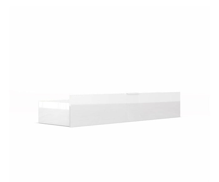 The Knox Storage Drawer is a sleek, modern, white rectangular storage box featuring a high-gloss finish and a small top handle, crafted from eco-friendly materials and photographed against a plain white background.