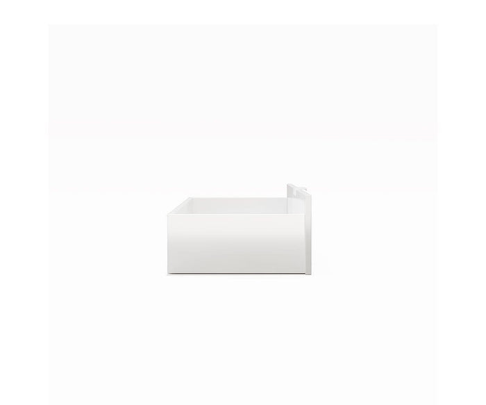 A Knox Storage Drawer in white is displayed against a simple white backdrop, shown in side profile to highlight its length and height. Expertly crafted from eco-friendly materials, this rectangular drawer provides a sleek and sustainable storage solution for any setting.
