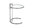 The Krom C-Table, featuring a clear glass top and chrome metal frame with a distinctive open circular base, provides adjustable height for versatile use in modern spaces.