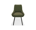 The Kyla Swivel Dining Chair in sage green features a cushioned seat and backrest with modern upholstery, angled black metal legs for sturdy support, and is shown from the front against a white background.
