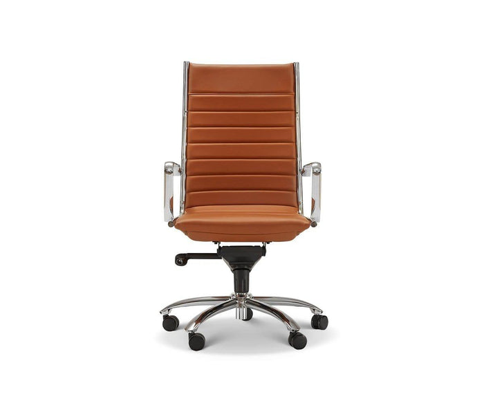 The Laatu High Back Office Chair, upholstered in brown leather and designed with chrome armrests and a durable five-wheel base, is displayed against a white background. This ergonomic chair offers both style and comfort for your workspace.