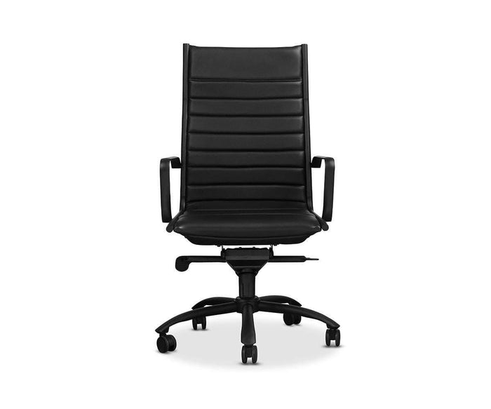 The Laatu High Back Office Chair in black features a high-back ergonomic design with armrests, a padded seat and backrest, and five caster wheels on a swivel base, displayed against a white background.