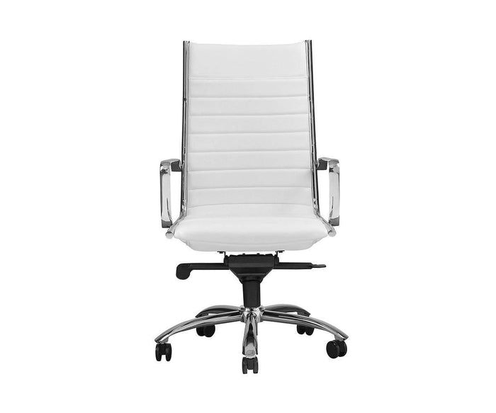 The Laatu High Back Office Chair in white is a modern ergonomic office chair with chrome armrests and base, featuring a high back and five wheels, displayed against a plain white background.