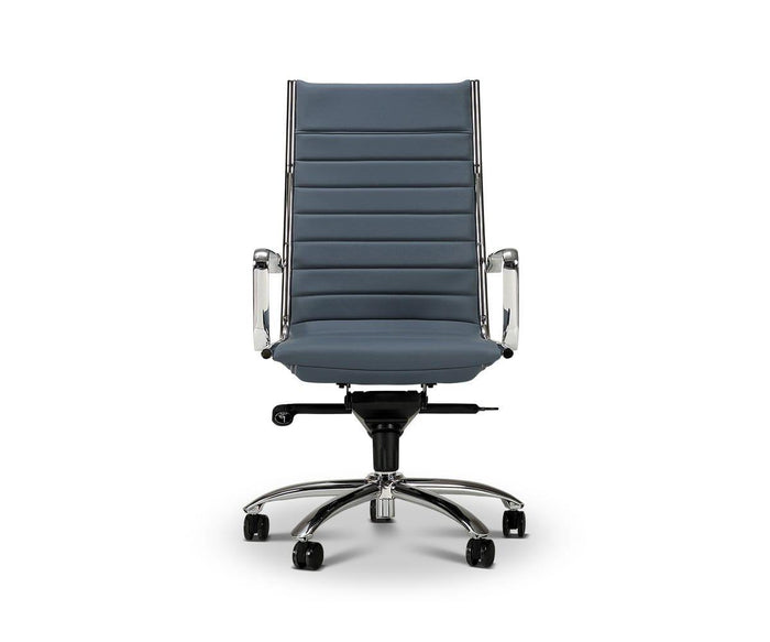 The Laatu High Back Office Chair, featuring a modern and ergonomic design, has a padded blue seat and backrest, chrome armrests, and a five-wheel chrome base. It is shown from the front against a white background.