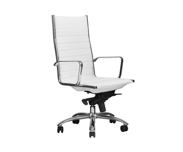 The Laatu High Back Office Chair features a modern, minimalist design with horizontal stitching on both the backrest and seat. This ergonomic white chair offers chrome armrests and base, five caster wheels, and an adjustable seat height.