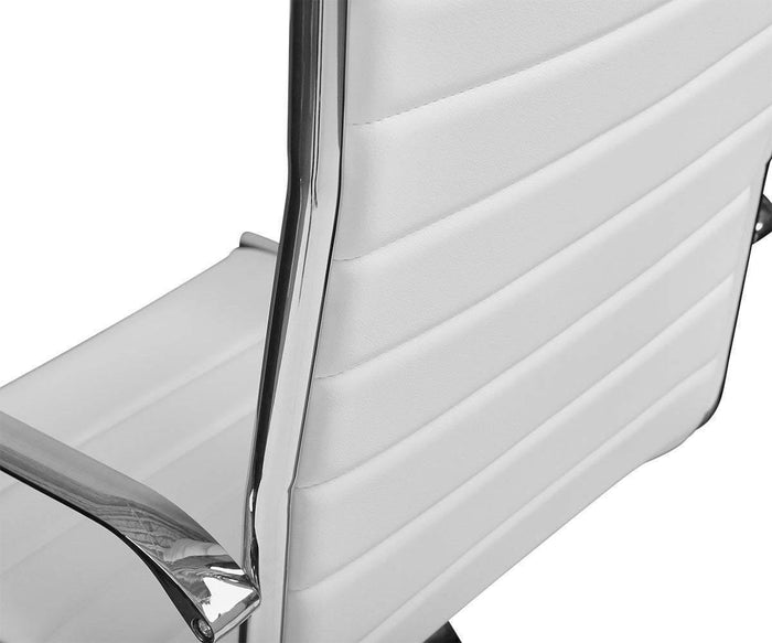 Close-up of the Laatu High Back Office Chair, a modern white ergonomic chair featuring a chrome frame and padded horizontal stitching on the backrest and armrests.