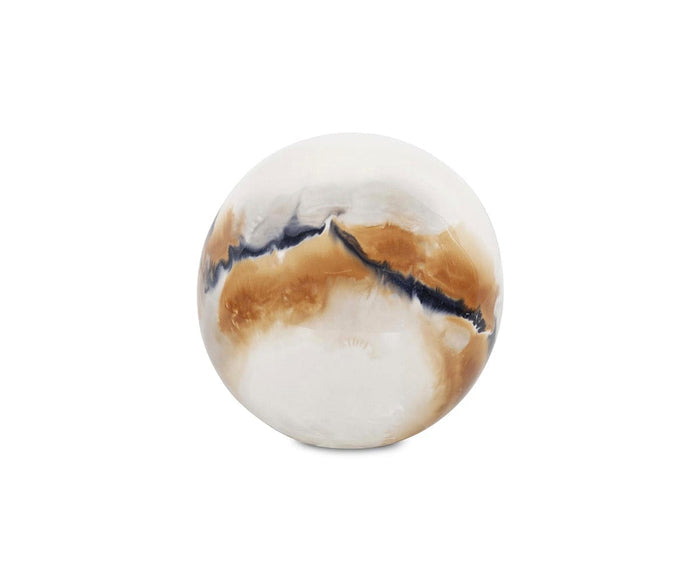 The Lahar Iron Sphere—a smooth, round object featuring a marbled pattern in white and multi colors—resembles a handcrafted decorative stone, evoking the natural allure of volcanic-inspired decor and is displayed against a plain white background.