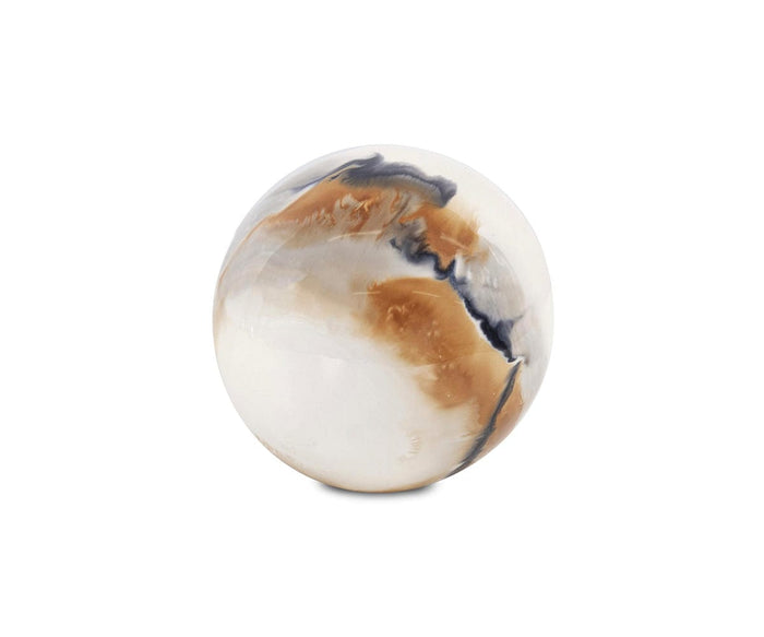 Introducing the Lahar Iron Sphere—a round, handcrafted marble accent featuring swirling patterns of brown, gray, and white on a plain white background. Inspired by volcanic decor, this unique piece captures the essence of natural lahar formations.