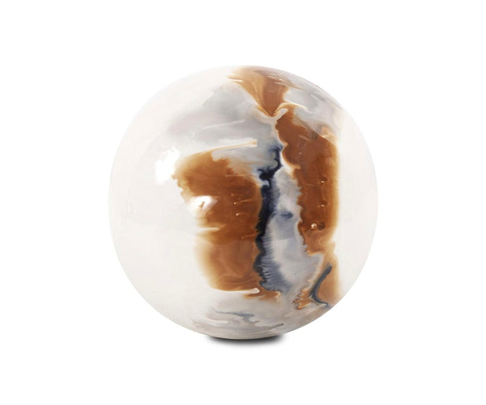 A handcrafted round ceramic vase with a glossy finish, showcasing smooth swirling brown, gray, and white marbled patterns—perfect as a volcanic-inspired accent reminiscent of the Lahar Iron Sphere in White/Multi.