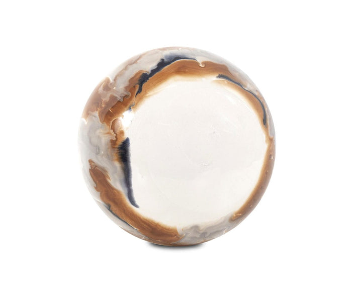 Introducing the Lahar Iron Sphere: a handcrafted, round ceramic decor piece featuring a glossy white center surrounded by swirled brown, gray, and black patterns reminiscent of marble or agate. Inspired by volcanic artistry, this striking sphere brings the dramatic beauty of a Lahar into your home.