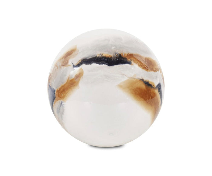 Certainly! Here’s the revised sentence using the provided product data: The handcrafted Lahar Iron Sphere features a smooth, round shape with a white base and swirling patterns of brown, beige, and black—offering striking volcanic-inspired décor for any space.