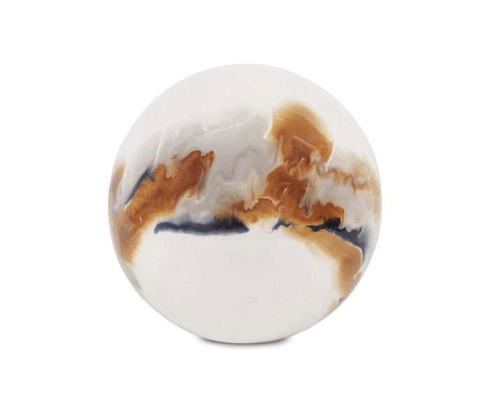 Introducing the Lahar Iron Sphere—a handcrafted round ceramic vase with a crisp white base, adorned in swirling marbled patterns of brown, gray, and dark blue. Inspired by volcanic flows, this unique decor piece captures the dynamic beauty of natural lahars for a striking accent in any space.