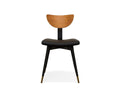 Introducing the Lanson Dining Chair in a light walnut stain and black finish, showcasing a modern mid-century design with a curved bentwood backrest, cushioned seat upholstered in black faux leather, and sleek black legs accented by gold-colored tips on the front legs, displayed against a white background.