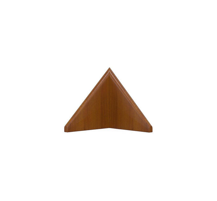 The Lanson V Shelf is a wooden, triangular corner shelf with a smooth finish, crafted from solid poplar and designed to fit neatly into the corner of a room. This geometric bookshelf is shown against a white background.