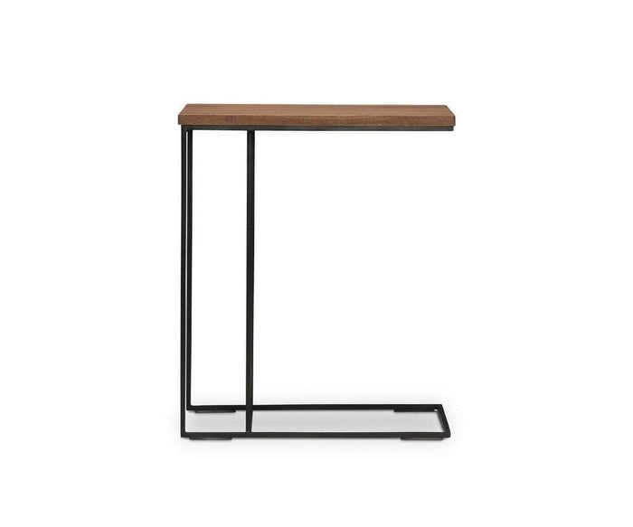 The Leende C-Table features a minimalist C-shaped design with a European oak wooden top in an oiled honey finish and a slender black metal frame, crafted to slide under sofas or chairs for space-saving convenience and a rustic-industrial aesthetic.