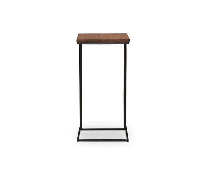 The Leende C-Table is a small, minimalist side table featuring a square European oak wooden top and a black metal frame. Showcasing a rustic-industrial design, it is photographed against a plain white background.